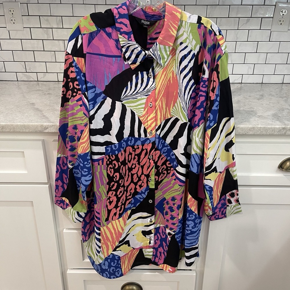 Slim Factor Tunic Top Womens 3X Pink Black Button Down 3/4 Sleeve Silky Bohemian